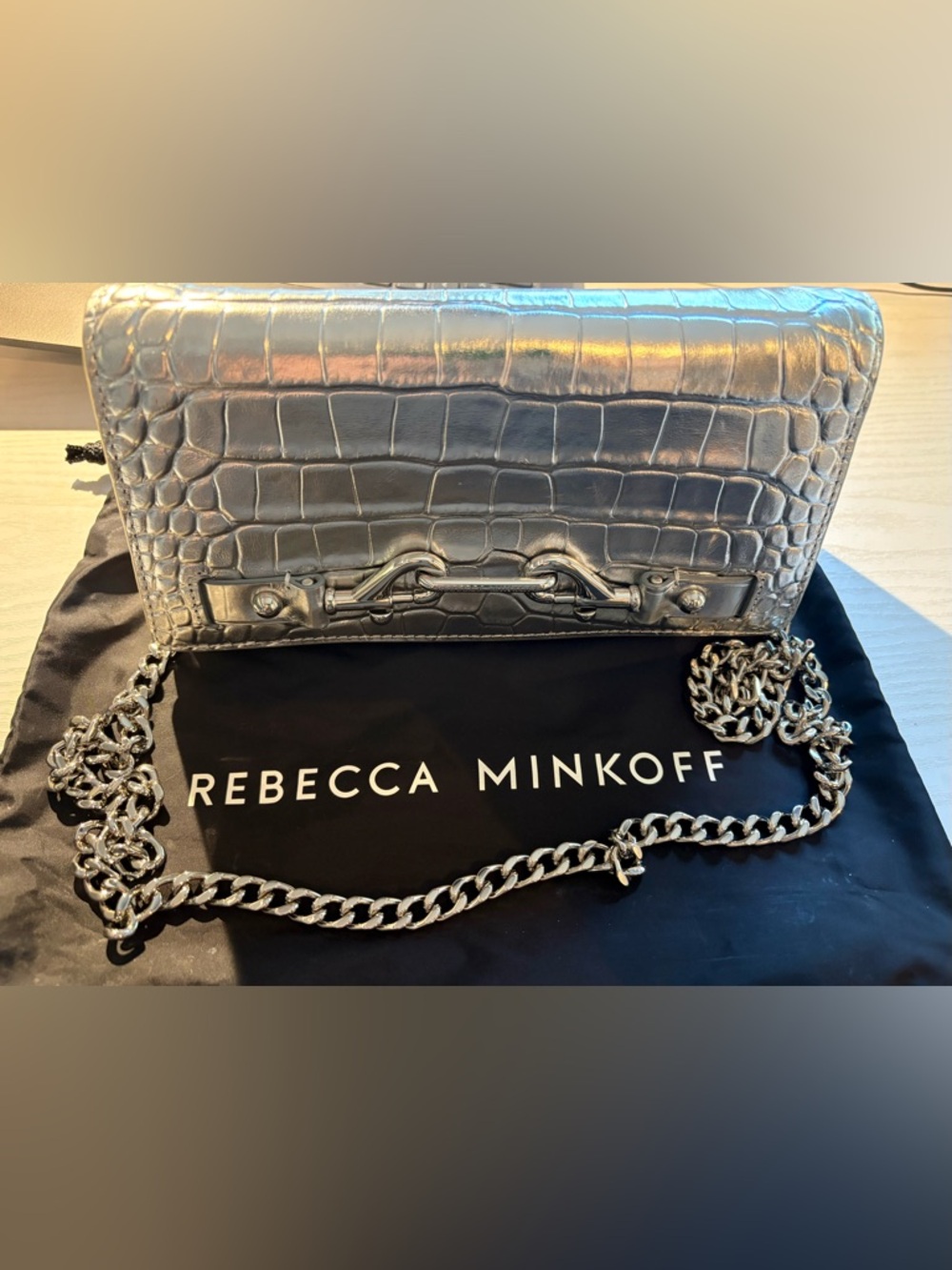Rebecca Minkoff Silver Croc-Embossed Chain Crossbody Bag